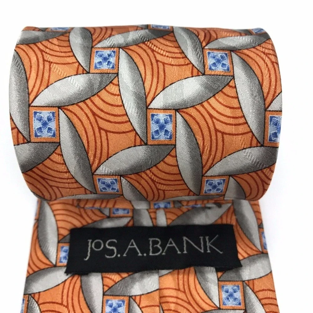 Jos A Bank Tie 100% Silk Geometric Orange Blue Gray Business Men's Necktie 58
